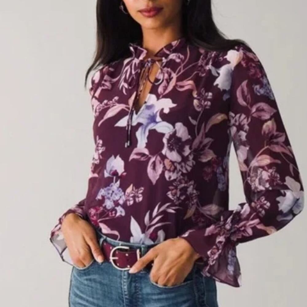 WHBM Floral Blouse Womens Medium Berry Plum Sheer Ruffled Career Tie Neck Top